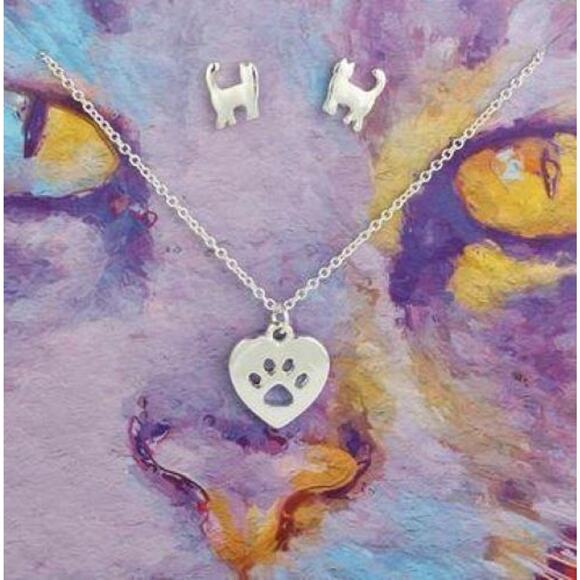 New Silver Felines Forever Cat Post Earring & Paw Cats Kittens Necklace Set - Picture 1 of 3